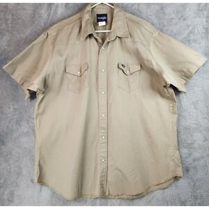 Wrangler Shirt Mens 3XT Khaki Pearl Snap Short Sleeve Tall Long Workwear Western